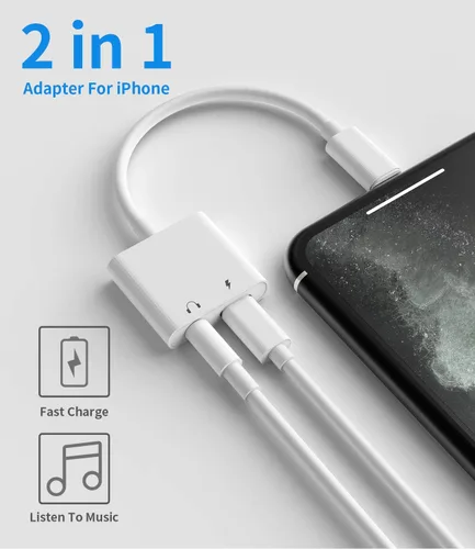 Vista 4 de Certificado MFi de Apple] Cargador de auriculares Aux Dual Splitter para iPhone 7/8Plus/X/Xr/Xs/SE/11/12/Pro/Max/ipad Auricular Audio Jack Lightning