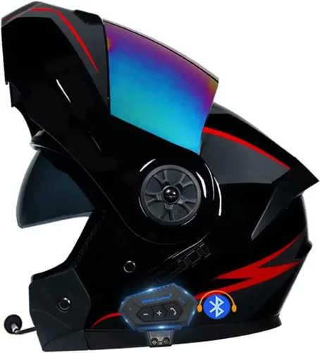 Vista 8 de Casco modular con Bluetooth abatible, de cara completa, doble visera solar, certificado por DOT, altavoz dual integrado con micrófono, cascos de 3