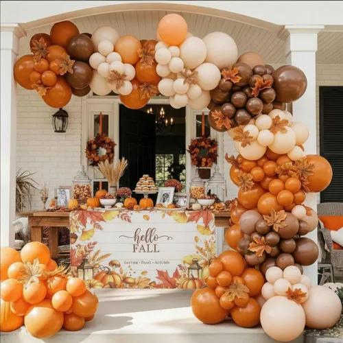 Vista 7 de Kit de arco de guirnalda de globos de Acción de Gracias pastel melocotón naranja quemado marrón con hoja de arce artificial y telón de fondo