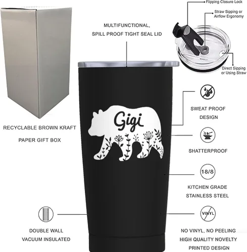 Vista 2 de Gigi Bear Floral 20 OZ Tumbler, Travel Coffee Mug, Cool Present For Nana On Birthday, Mothers Day, Christmas, Valentine Day