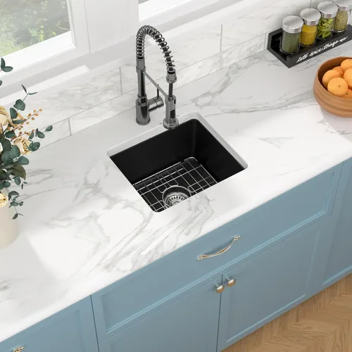 Vista 4 de Sarlai Fregadero de cocina negro de 18 x 16 pulgadas, fregadero de granito negro compuesto de cuarzo para montar debajo de la encimera, rectangular