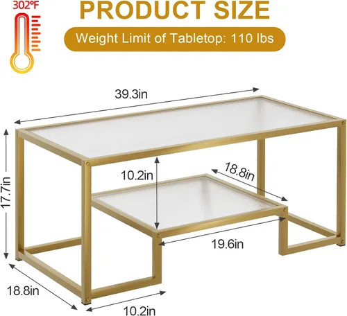 Vista 2 de Mesa de café Wolawu Mesa de café dorada de vidrio para sala de estar, mesa de centro rectangular de 2 niveles con tapa de vidrio acanalada y marco