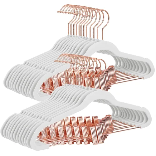 Vista 8 de SONGMICS Paquete de 24 Perchas para Pantalones, Perchas para Abrigos de 16.7 Pulgadas con Clips Móviles de Color Oro Rosa, Resistentes