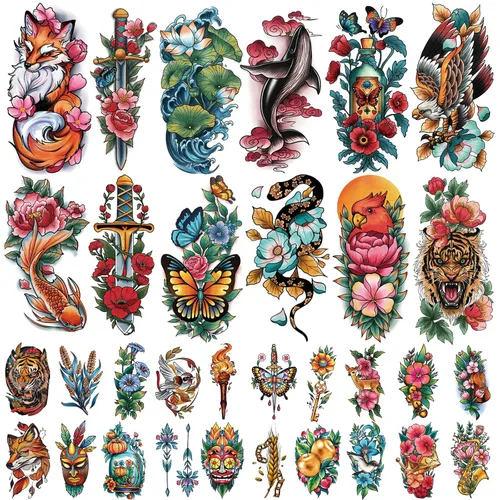 Vista 8 de 52 hojas de tatuajes temporales para niños, manga completa, dinosaurio, unicornio, tiburón, delfines, elefante, animal, cara, tatuajes falsos