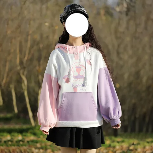 Vista 3 de Linda sudadera con capucha de conejito para adolescentes y niñas, de algodón, con estampado de dibujos animados japoneses