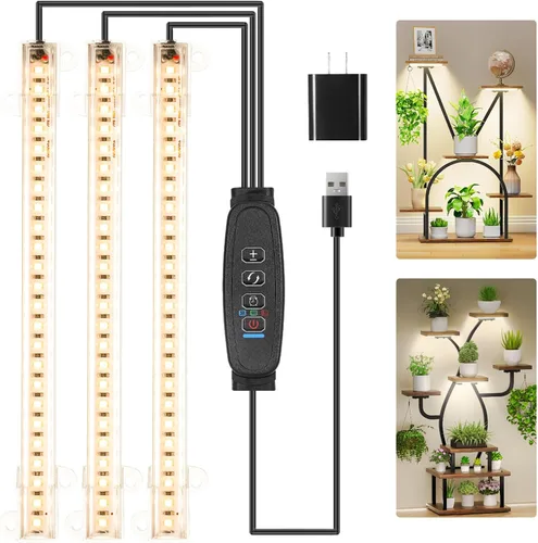 Vista 13 de RWNTAO Lámpara de cultivo de dos tiras para plantas de interior, tiras de luz LED de espectro completo rojo, azul y amarillo, con temporizador