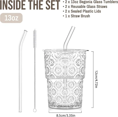 Vista 3 de SoulTimes Vaso de cristal de flor de Begonia de 13 onzas con tapa y pajita, vasos de café helado para batidos, matcha, jugo, agua, etc. Cristalería