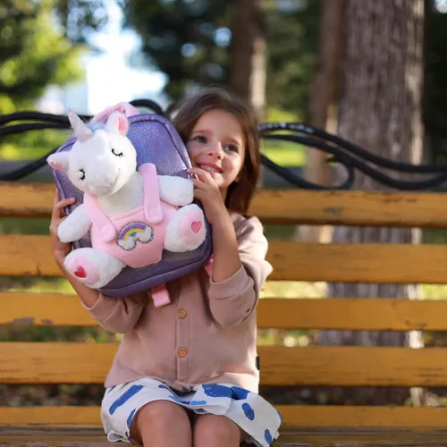 Vista 5 de Kozely Mochila pequeña para niñas, mochila de felpa de unicornio pequeña para niños, rosa y morado para la escuela, Navidad, regalos de cumpleaños