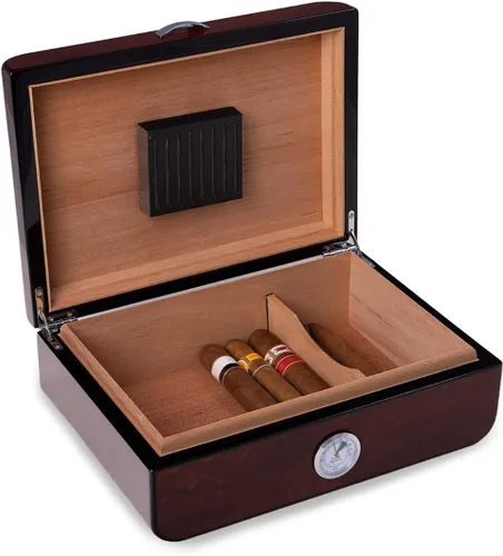 Vista 12 de Bey-Berk Dylan Humidor de puros con diseño de fibra de carbono, caja de 40 puros forrada de cedro español con higrómetro y humidificador, color negro