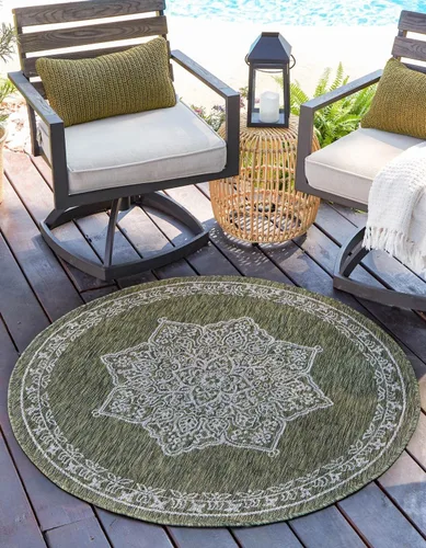 Vista 11 de Unique Loom Alfombra de la colección tradicional para exteriores, antigua (4 pies 1 pulgada, redonda, verde azulado/gris)