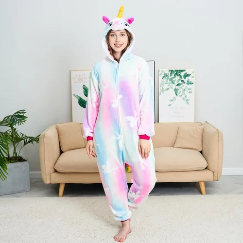 Vista 2 de NewPlush Pijama unisex de unicornio para adultos, mujeres y hombres, mameluco de cosplay de animales