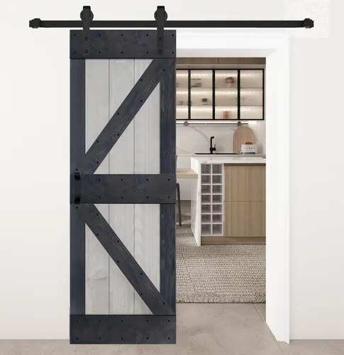 Vista 10 de Serie K - Puerta corrediza de granero de madera maciza con acabado marrón/nogal de 38 x 84 pulgadas con kit de herrajes (requiere montaje)