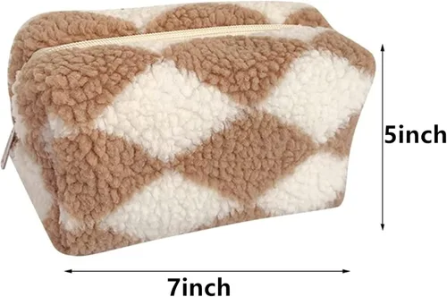 Vista 7 de Bolsa de Maquillaje a Cuadros de Felpa Bolsa de Cosméticos Estética a Cuadros Bolsos de Mano Lindos con Cremallera Bolsa de Viaje para Artículos