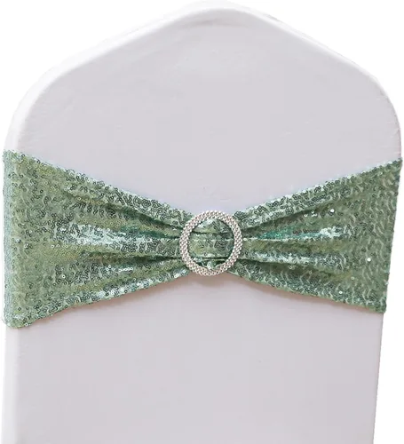Vista 8 de Paquete de 50 bandas de lentejuelas color azul polvoriento para sillas de boda, lazos para fiestas, banquetes de cumpleaños, aniversario, eventos al