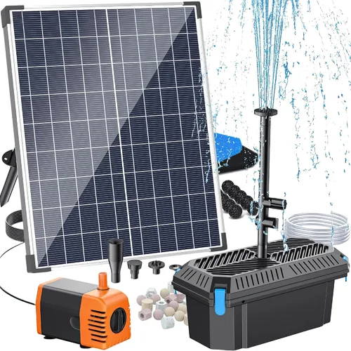 Vista 10 de Antfraer Kit de bomba de fuente solar de 12 W y filtro de estanque, sistema de filtración integrado con 4 boquillas, filtro de estanque de tubo