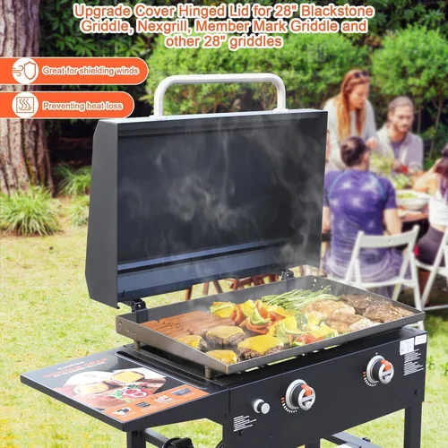 Vista 4 de Cubierta para parrilla Blackstone de 28 pulgadas con capucha con bisagras, cubierta de parrilla dura para exteriores, compatible con los modelos