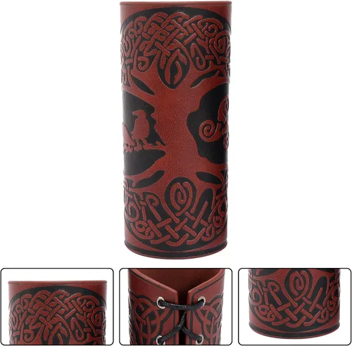Vista 3 de GORGECRAFT 2 brazaletes vikingos para hombre, brazaletes de cuero renacentista, armadura medieval con guantelete en relieve, joyería de guantelete