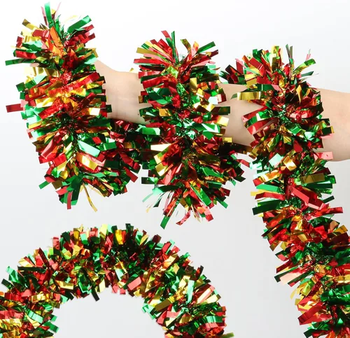 Vista 9 de Guirnalda de Navidad de 50 pies de rojo y verde con adornos de hombre de jengibre, guirnalda metálica gruesa y brillante para árbol, chimenea