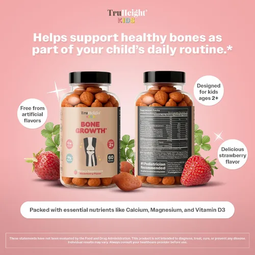 Vista 4 de TruHeight Gomitas para el Crecimiento Óseo de Niños (Fresa, Edades 2+) Nutrición Alta para el Crecimiento Natural en Niños y Pequeñitos - Vitamina