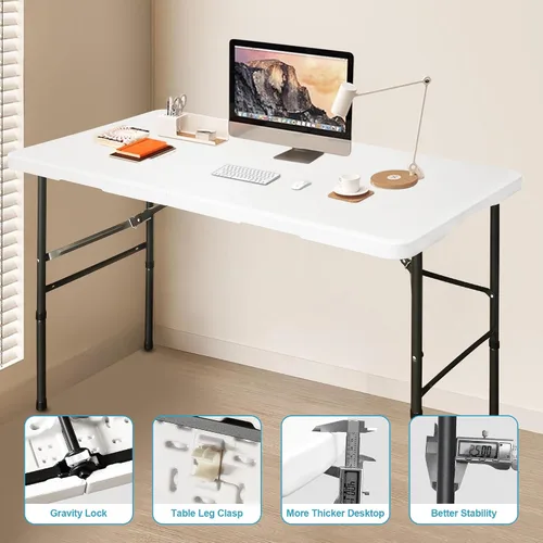 Vista 5 de Bblife Mesa portátil plegable para eventos de 4 pies, mesa de camping de plástico con 2 alturas ajustables, mesa de utilidad resistente para Blanco