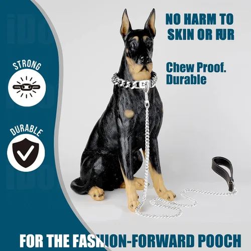Vista 2 de Correa de cadena de plata para perro, acero inoxidable de oro de 18 quilates, correa de perro con mango de cuero para perros (3 pies/plateado)
