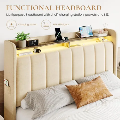 Vista 4 de SHA CERLIN Base de cama de plataforma de tamaño matrimonial con cabecera de canal vertical copetuda y 2 cajones de almacenamiento, estantes de 2