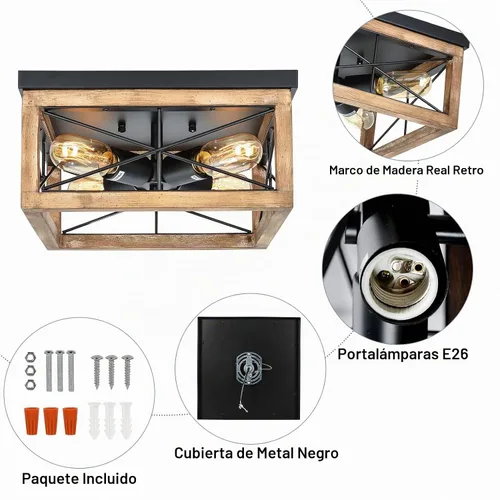 Vista 6 de eyassi Luces de Techo de Montaje Empotrado de Madera, Luminarias de Techo Estilo Granja de 4 Luces Cerca del Techo, Lámpara de Techo Negra para Isla