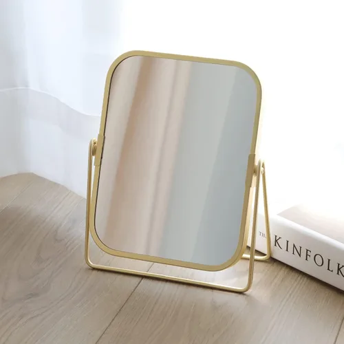Vista 3 de Espejo de maquillaje de mesa dorado, espejo de tocador cuadrado de doble cara, espejo de escritorio para baño casero