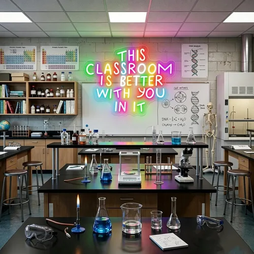 Vista 3 de Letrero de neón multicolor con texto en inglés «This Classroom is Better With You In It» para decoración de pared de aula, alimentado por USB