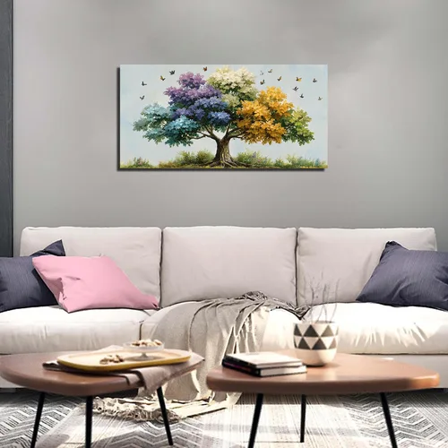 Vista 2 de Kepgonegu Arte de pared de árbol de la vida grande para sala de estar, paisaje, impresiones en lienzo coloridas de mariposas para dormitorio