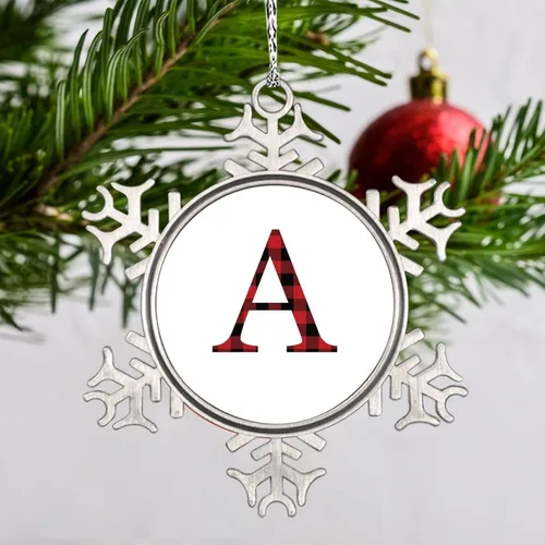 Vista 4 de Monograma inicial letra A copo de nieve, adornos de letras rojas y negras a cuadros para árboles de Navidad, adornos de Navidad personalizados
