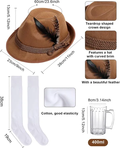 Vista 5 de Toulite Juego de 6 piezas de disfraz alemán de Oktoberfest para hombre, Lederhosen, camisa, sombrero, calcetines, jarra de cerveza para festival