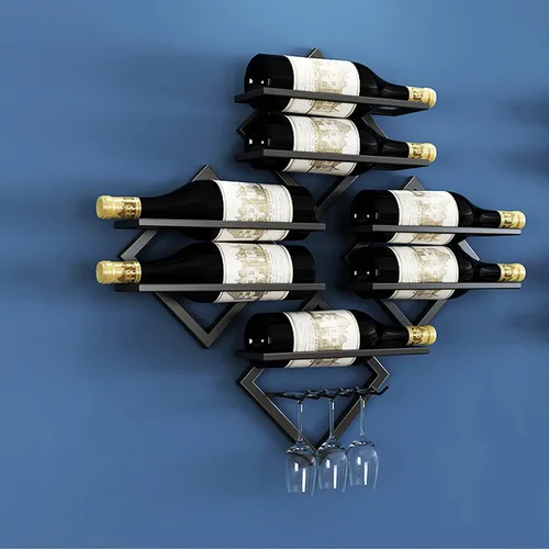 Vista 5 de Paquete de 2 estantes de metal para vino montado en la pared, estante para botellas de vino y colgador de copas, estante de almacenamiento de vino