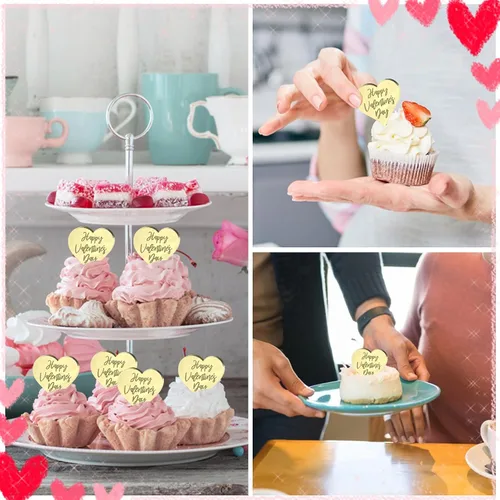 Vista 7 de Decoración para el Día de San Valentín – 20 unidades de discos y palillos para tartas de corazón, decoración de acrílico con espejo
