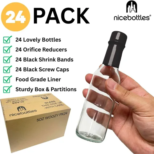Vista 2 de nicebottles Botellas de salsa picante con tapas negras y bandas retráctiles, 5 onzas, paquete de 24