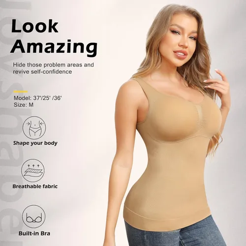 Vista 4 de Camisolas moldeadoras con brasier integrado, control de abdomen, camisetas sin mangas de compresión para mujer, moldeadoras de cuerpo