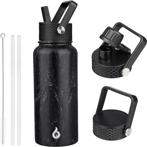 Vista 92 de BJPKPK Botellas de Agua Aisladas con Tapa de Pajita, Botella de Agua de Acero Inoxidable de 18oz, Termo Frío Caliente con 3 Tapas, Vaso de Viaje a