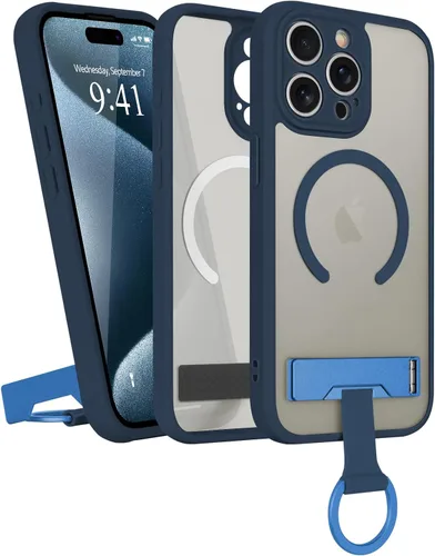 Vista 10 de Funda para iPhone 16 Pro Max, compatible con Magsafe, color negro Funda magnética mate translúcida, agarre de anillo de dedo, soporte ajustable