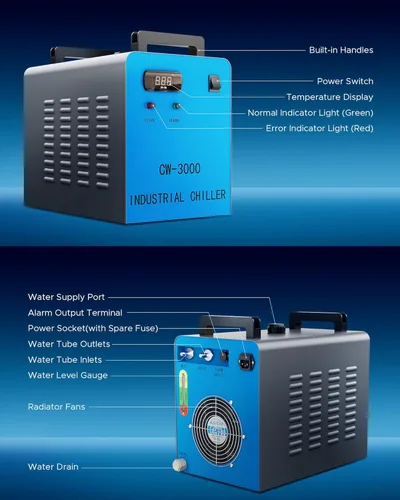 Vista 5 de OMTECH Enfriador de agua industrial 9L 2.6gpm CW-3000 enfriador de agua para 40W K40 CO2 grabado láser y máquinas de corte, sistema de refrigeración