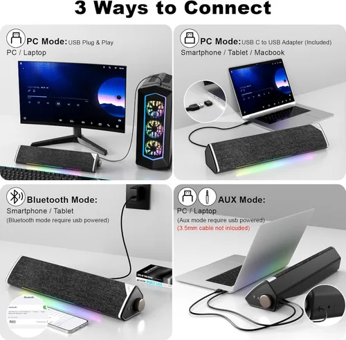 Vista 5 de SOULION Altavoces de computadora Bluetooth con cable alimentados por USB para PC de escritorio USB Plug & Play, 5 modos dinámicos de luces LED RGB