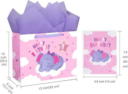 Vista 2 de WRAPAHOLIC Bolsa de regalo grande de 13 pulgadas con tarjeta y papel de seda, adorable bolsa de regalo de elefante para bebé, baby shower, fiesta