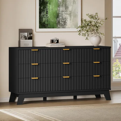 Vista 43 de BORNOON Cómoda acanalada de 3 cajones, 30.3 pulgadas de alto, cómoda bohemia compacta y moderna, armario de almacenamiento de madera