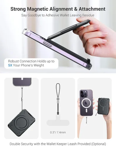 Vista 9 de PROfezzion 2 en 1 para soporte de cartera MagSafe, tarjetero magnético con bloqueo RFID, compatible con 4 tarjetas, cartera de carcasa dura