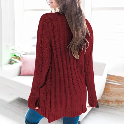 Vista 3 de Fragarn Suéteres de talla grande para mujer, cárdigan bohemio de retazos de manga larga con frente abierto, suéteres de punto con bolsillos