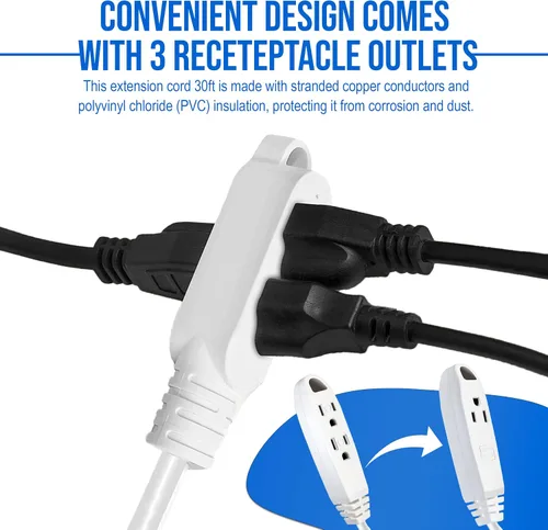 Vista 5 de SureSave - Cable de extensión de 30 pies Cable de extensión blanco resistente de 3 clavijas con conexión a tierra para interiores Listado UL