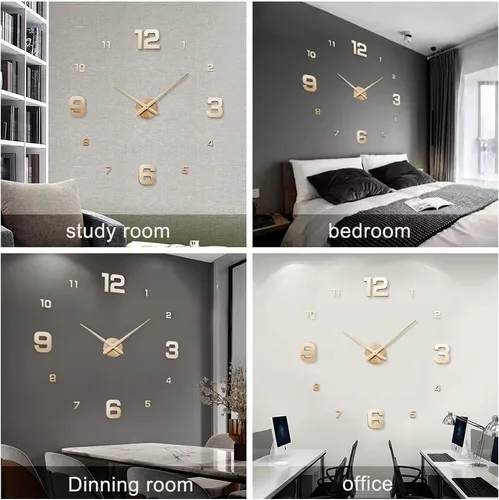 Vista 6 de Kit de reloj de pared grande, reloj de pared sin marco 3D con calcomanías de número de espejo para decoración del hogar, sala de estar, dormitorio