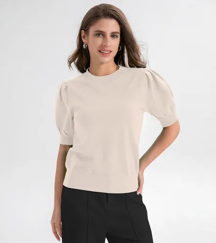 Vista 2 de Foonid Suéter de manga corta abombada para mujer, cuello redondo, ligero, de punto, básico, color liso, blusa