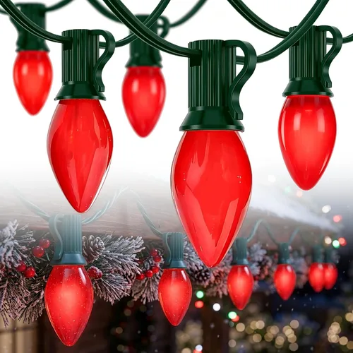 Vista 11 de Luces de Navidad multicolor de 25 pies para exteriores, cadena de luces vintage C7 con 27 bombillas incandescentes transparentes de colores, luces