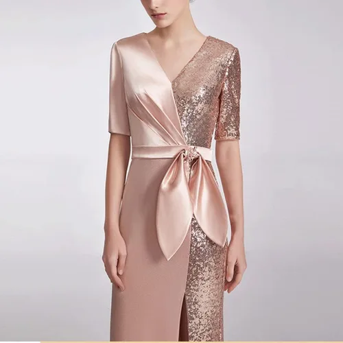 Vista 6 de na Vestido de noche largo de tela con costuras doradas de temperamento delgado para mujer, talla grande, lentejuelas delgadas para banquete