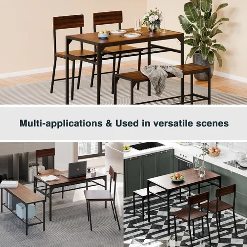Vista 8 de SUNLEI Mesa de comedor para 4 personas con 2 sillas y un banco de almacenamiento, juego de mesa de cocina pequeño con estante para vino, escritorio